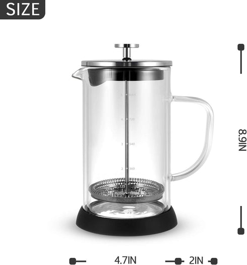 VEVOK CHEF French Press Coffee Maker Glass Coffee Press 34 Ounce Tea Maker Double Wall Insulate Heat Resistant Glass Tea Coffee Press with 2 Extra Screens with Glass Handle Non-slip Silicone Base