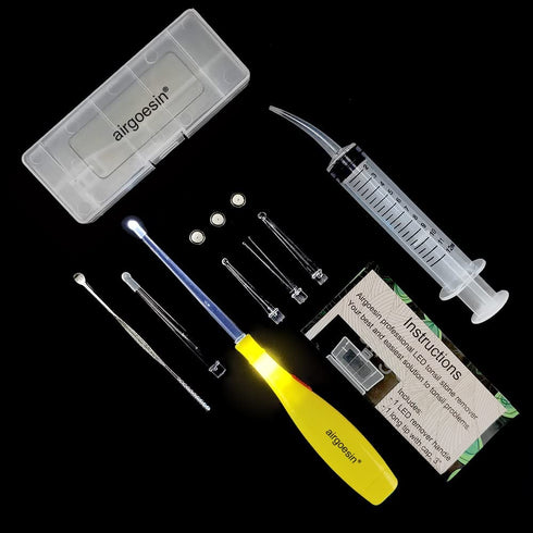 Airgoesin™ Lighted Tonsil Stone Remover Tools or Earwax Removal Tools, Yellow, 5 Tips, Tonsillolith Pick Case + 1 Irrigator Cleaner