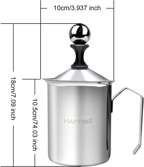 Manual Milk Creamer Hand Pump Frother Cappuccino Latte Coffee Foam Pitcher with Handle, Lid, Double Layer Filter Screen, Stainless Steel, 17-Ounce Capacity (500ml)
