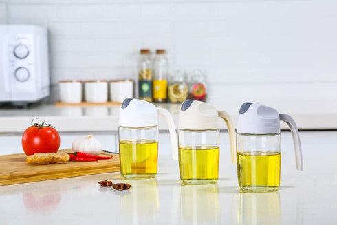 AINAAN Auto Flip Olive Oil Dispenser Bottle,Leakproof Condiment Container,Non-Slip Handle for Kitchen Cooking, 300ml, White, Oil Bottle