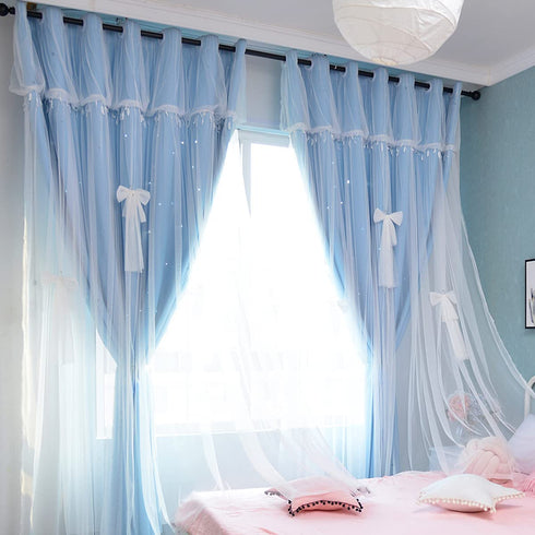 Yancorp Room Darkening Curtains for Nursery Girls Kids Bedroom Blue Star-Cutout and Sheer Curtains 63 inches Long Grommet Layered Window Curtain Panel(Blue-Star Cutout, W52 X L63)