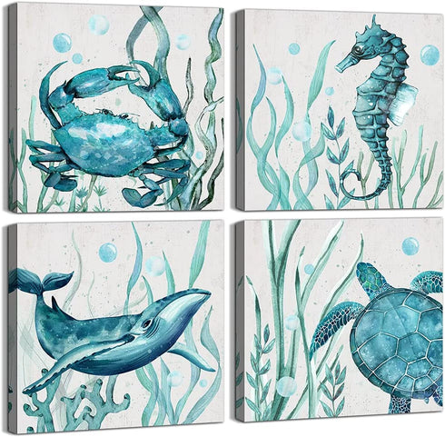 Blue Wall Art Kids Room Decor Whale Seahorse Turtle Crab Pictures Canvas Prints For Home Bedroom Bathroom Decoration Boho Ocean Beach Theme Navy Sea Animals Turquoise Paintings Artwork Children Gift 4 Panels