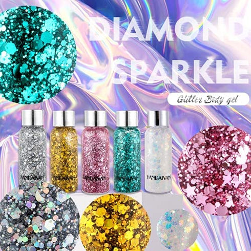 Body Glitter Gel Holographic Glitter Liquid for Festival Make Up 3 Colors Set Long-Lasting Easy to Remove (Pink,Silver,Mermaid)
