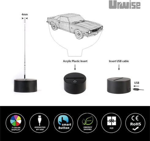 Muscle Car 3D Illusion Birthday Present Beside Table Lamp, Urwise 7 Color Changing Touch Switch Decoration Night Lamp with Acrylic Flat, ABS Base, USB Cable, Car Theme Toy, Amazing Creative Art