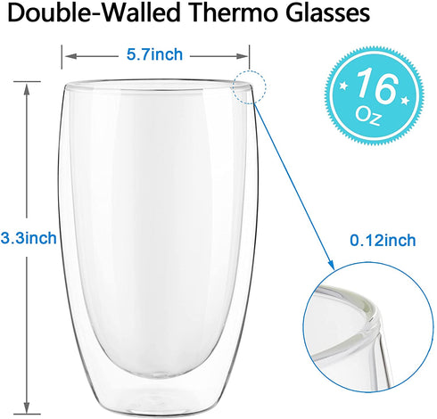 Bivvclaz Double Walled Glass Coffee Mugs, 2-Pack 15 Oz Borosilicate Glass Coffee Cups, Thermo Insulated Glass for Latte Cappuccino Americano Tea milk Beverage, Clear