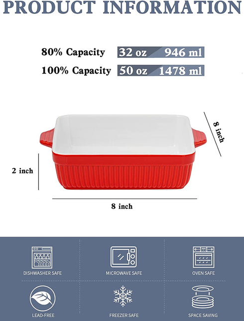 Kanwone Porcelain Bakeware, Square Baking Dishes, Casserole Dish with Double Handle, Lasagna Pan for Cooking, Kitchen, Cake Dinner, 8 x 8 Inches, Stripe Series - Red