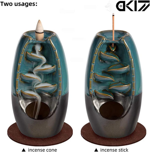 DK177 Waterfall Incense Holder Backflow Inscent Cone Burner Handcraft Ceramic Water Fall Smoke Fountain with 120 Cones 30 Sticks 1 Mat 2 Lotus Leaf 1 Cloth