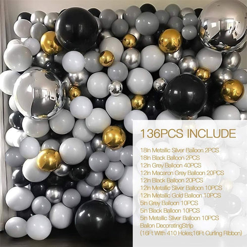 Nalwort Grey Balloon Kit 136PCS 18In 12In 5In Metallic Silver Gold Black Grey Macaron Grey Balloon Arch Garland For Festival Picnic Family Engagement, Wedding, Birthday Party, Gold Theme Anniversary Celebration Decoration