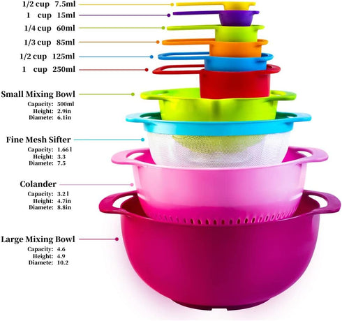 16-Pieces Plastic Mixing Bowls Set,WKTFOBM Nesting Plastic Mixing Bowl Set with Handles for Saving Space Storage,Colorful Serving Bowls and Measuring Cups Set for Kitchen Cooking & Baking