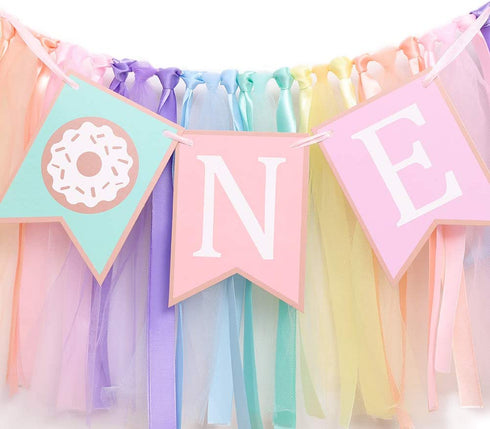 Donut 1 to 2 Years Old Birthday Banner - Donut Theme Birthday High Chair Banner, a Soft Rainbow Ribbon Tutu Group, Sweet Days, Leaving a Wonderful Party Time, Perfect Party Decoration. (Donut 1)