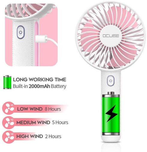 OCUBE Handheld Fan, Mini Hand Held Fan with 7 Color LED Light Base, 2000mAh Battery Operated USB Rechargeable Desk Fan, 3 Speeds Electric Portable Personal Cooling Fan for Home Office Travel (Pink)