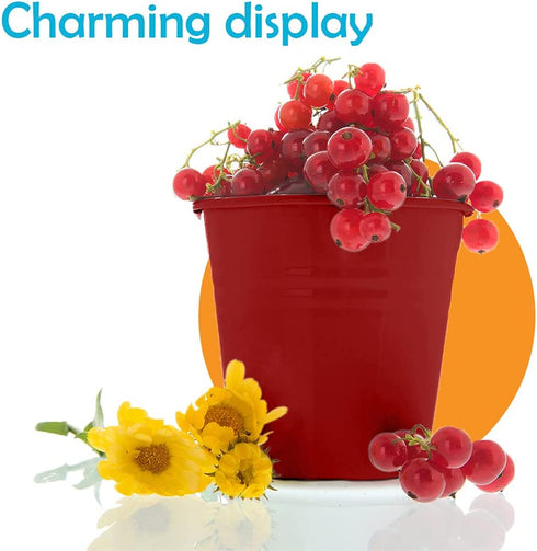 Houseables Galvanized Buckets, Metal, Red, 4.5" W x 5" H, 12 Pack, Tin, Party Supplies, Mini Toy Container, Decorative Bucket With Handle, For Candy Bars, Crafts, Vase, Favors