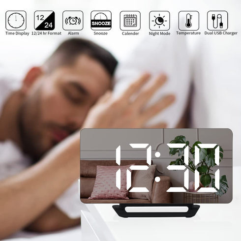 Digital Clock LED Display, Electric Alarm Clock 6.8'' Mirror Surface with Dimming Mode, 3 Levels Brightness, Dual USB Ports Modern Decoration for Makeup Home Bedroom Decor (M)