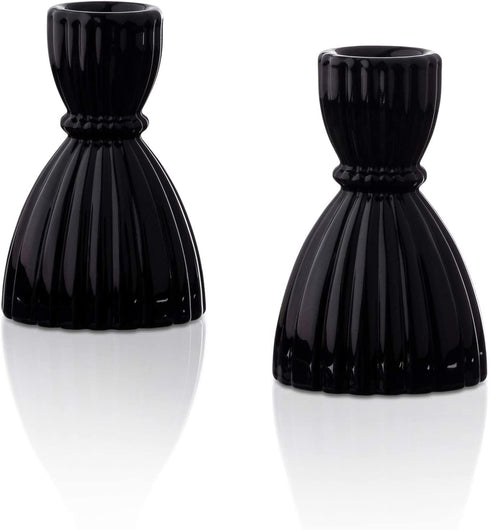 Black Candlestick Holder Set - Glass Taper Candle Holders, Glossy Black Finish, 3.5 Inch Height, Fits Standard 3/4 Inch Tapered Candles, Modern Kitchen Decor, Wedding Centerpiece - Pack of 2