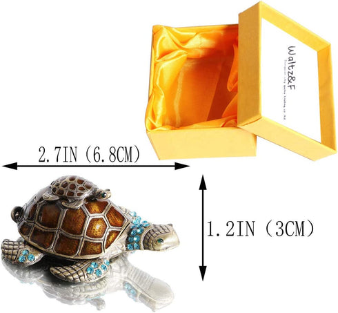 Waltz&F Turtle Trinket Jewelry Box with Sparkling Light Green Crystals,Hinged Trinket Box Hand-painted Figurine Collectible Ring Holder