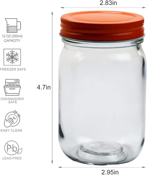 12oz/350ml Mason Jars, Woaiwo-q Glass Jars with Orange Lids for Honey, Jam, Jelly, Wedding Favors, Baby Foods, Shower Favors, DIY Projects (20 Pcs)