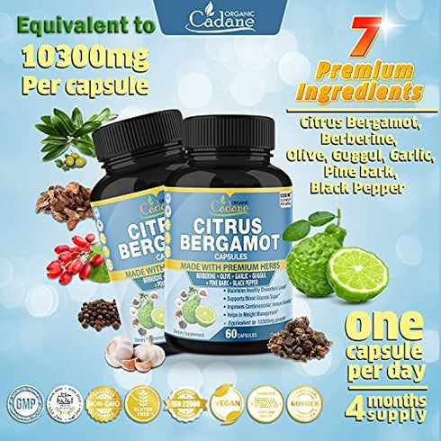 2 Packs Citrus Bergamot Extract Capsules 10300mg & Berberine, Olive, Guggul, Garlic, Pine Bark, Black Pepper | Improves Heart and Cardiovascular Health , Supports Immune System, 4 Months Supply