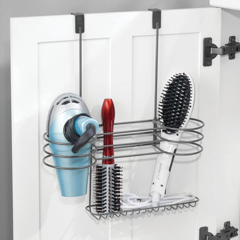 mDesign Metal Bathroom Over Cabinet Door Hair Care & Styling Tool Organizer Holder, Vanity Storage for Hair Dryer, Flat Irons, Curling Wands, Hair Straighteners - 3 Sections, Heat Safe - Graphite Gray