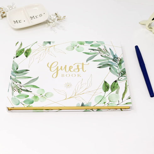 bloom daily planners Wedding Guest Book (120 Pages) Guest Sign-in Book Guest Registry Guestbook - White Cover with Gold Foil, Gilded Edges and Gold Page Marker Hardbound 7" x 9" (Eucalyptus)