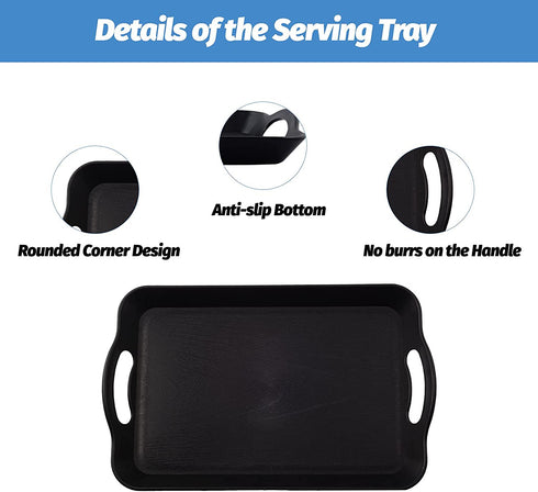 LEEHOWA 3 Pack 14 inches Plastic Tray with Handles Rectangle Serving Set, Multipurpose Waterproof, Non Slip Trays for Food, Parties, Coffee Table, Buffets, Breakfast(Black Wood Grain)