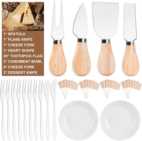 Bamboo Cheese Board with 4 Stainless Steel Knives and 8 Dessert Forks, 2 Seasoning Bowls, 20 Toothpicks Flags, Charcuterie Platter & Serving Tray for Wine, Biscuits, Salty Cheese and MeatBullet Points