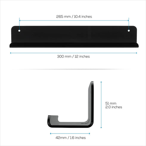 2-Pack 12" Slim Floating Shelves Mount, Adhesive or Screw Mount, for Tablets, Vinyl Records, Picture Frames, Phones, Universal Holder Shelf by Brainwavz (SHELF305 Black)