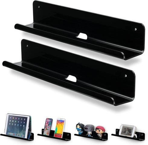 2-Pack 12" Slim Floating Shelves Mount, Adhesive or Screw Mount, for Tablets, Vinyl Records, Picture Frames, Phones, Universal Holder Shelf by Brainwavz (SHELF305 Black)