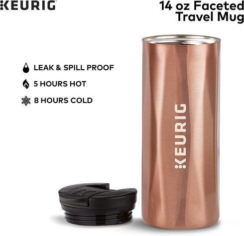 Keurig Faceted Stainless Steel Coffee Travel Mug, Fits Under Any Keurig K-Cup Pod Coffee Maker, 14 oz, Copper