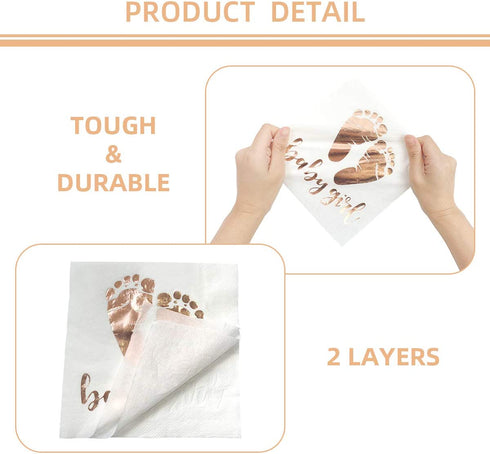 Trgowaul 100 Pack Baby Girl Shower Napkin Rose Gold Baby Girl Letters and Baby Footprint Pattern Beverage Napkins 3-Ply White Paper Cocktail Napkins for Girl Baby Shower Party