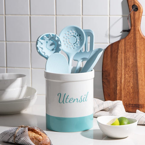 SWEEJAR Kitchen Utensil Holder, 7.2" Ceramic Utensil Crock for Cooking Countertop, Housewarming, Wedding, Birthday Gift (Turquoise)
