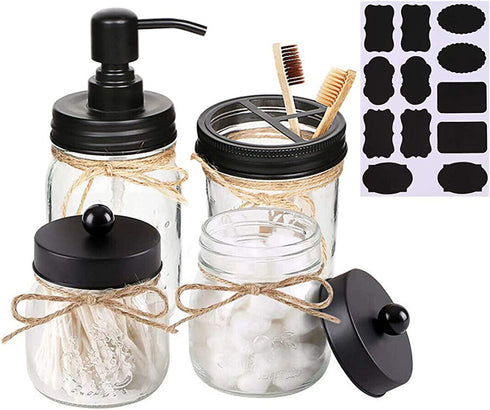 Aebor Mason Jar Bathroom Accessories Set(4 Pcs)-Foaming Soap Dispenser &2 Cotton Swab Holder Set &Toothbrush Holder(Black)