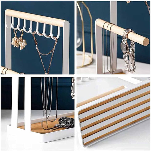 Jewelry Holder Stand, 3-Tier Necklace Hanging Wooden Ring Organizer Earring Tray, 8 Hooks Storage Necklaces, Bracelets, Rings and Watches on Desk Tabletop, White