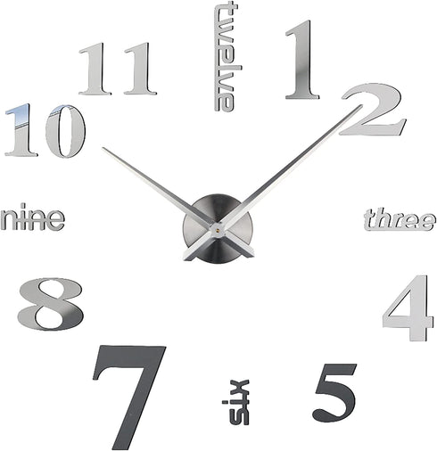 VinJoyce 3D DIY Large Wall Clocks for Living Room Decor, Wall Stickers Clocks for Living Room Decor, Silent, Modern Wall Clock for Kitchen, Office, School, Home, Bedroom, Living Room (Silver)