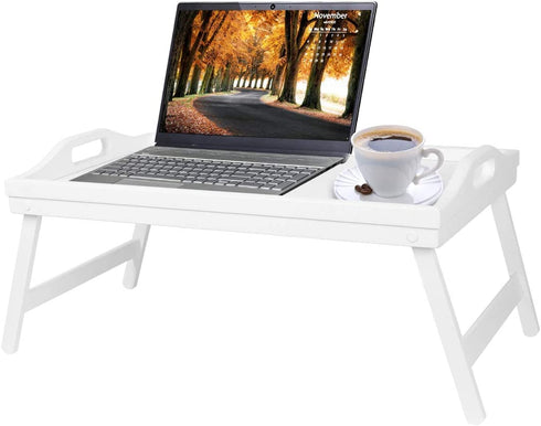 Breakfast Tray Table with Folding Legs Serving Tray Bamboo Dinner Trays for Platter Laptop Desk Bed Table Kitchen Serving Tray Snack Trays Large Size(Milky White)