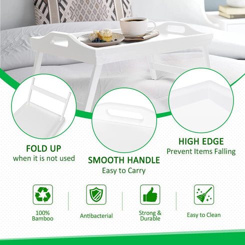 Breakfast Tray Table with Folding Legs Serving Tray Bamboo Dinner Trays for Platter Laptop Desk Bed Table Kitchen Serving Tray Snack Trays Large Size(Milky White)
