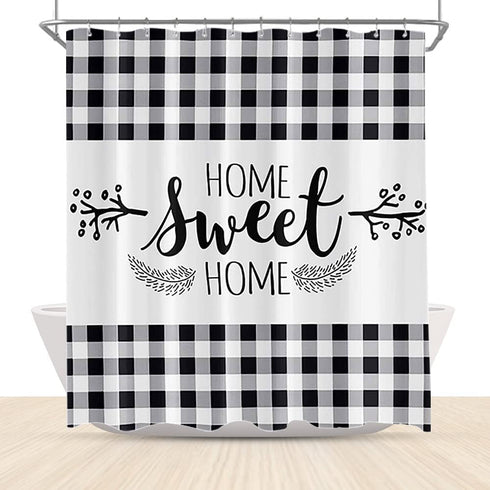 Farmhouse Buffalo Plaid Shower Curtain Black White Checked with Home Sweet Home Rustic Country Bathroom Curtain 72x72 Inch Polyester Fabric Decor