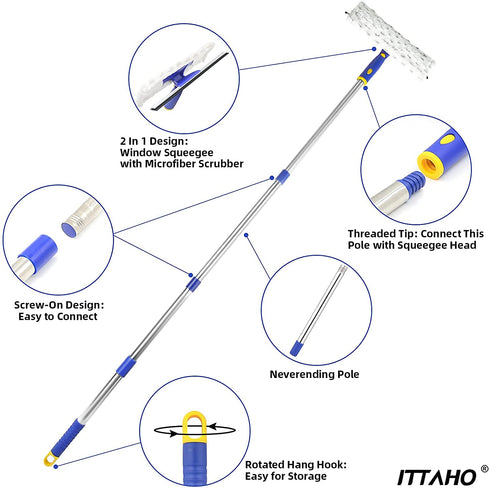 ITTAHO Rotated Window Cleaning Tool,Window Squeegee and Microfiber Scrubber with 53" Stainless Steel Pole,Long Handle Window Washing Equipment for Indoor Outside High Window-Two Pads