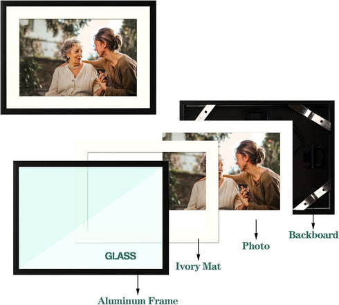 Golden State Art, Metal Wall/Table top Photo Frame Collection, Aluminum Black Photo Frame with Ivory Color Mat for Picture & Real Glass (5x7, 2-Pack)