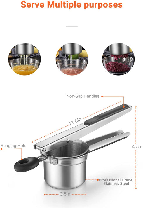 WILLIZTER Potato Ricer, Stainless Steel Potato Ricer Fruit and Vegetables Masher Food Ricer Large Capacity with 3 Interchangeable Discs & Inner Cup