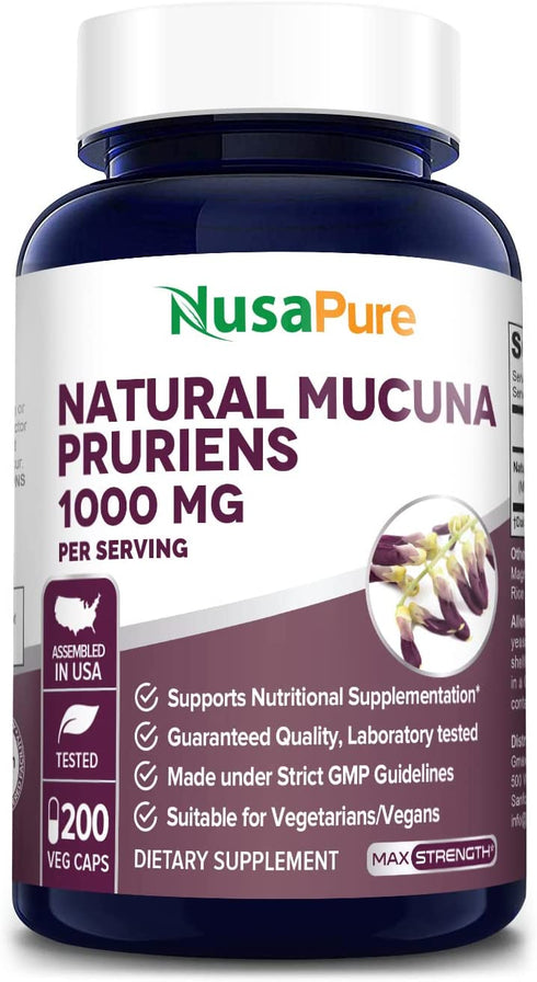 Mucuna Pruriens 1000mg 200 Veggie Caps (Non-GMO, 100% Vegetarian & Gluten Free)