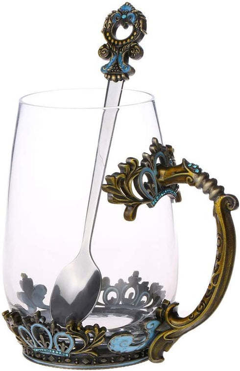 Glass Tea Mug, Mother™s Day Gifts Glass Tea Cup with Handle, Unique Crown Enamel Design for Christmas Wedding Birthday Gift Present Idea(Classical Green/12.5Oz)