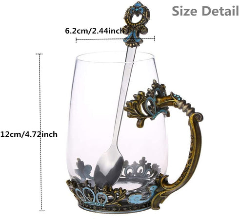Glass Tea Mug, Mother™s Day Gifts Glass Tea Cup with Handle, Unique Crown Enamel Design for Christmas Wedding Birthday Gift Present Idea(Classical Green/12.5Oz)