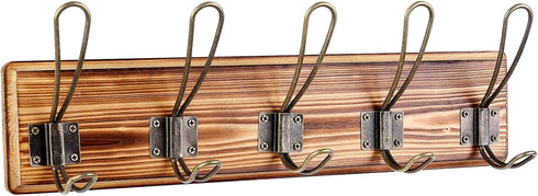 Rustic Coat Rack - Wall Mounted Solid Pine Wood 17" Entryway Coat Hooks - Rustic Hooks for Hanging Coats,Jacket,Clothes,Hats (1 Item Five Hooks, Carbonized Black with Bronze Hooks)