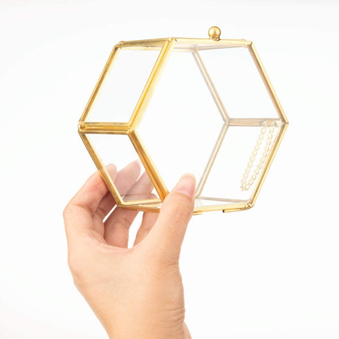 Feyarl Gold Clear Glass Jewelry Trinket Box Ornate Ring Earring Box Preserved Flower Glass Box Decorative Box with Lid for Dresser Birthday Gift( 4.2 x 4.2 x 2.36inches)