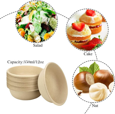 100 Pack 12 oz Disposable Paper Bowls,Heavy Duty Compostable Bowls,Natural Bagasse Bowls,Eco-friendly Paper Alternative Bowls for Parties Restaurants Catering