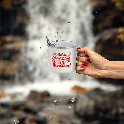 Holiday Coffee Mug - Festive White Enamel Camping 16 Ounce Coffee Cup For Home and Gifting, Merry Xmas Ya Filthy Animal