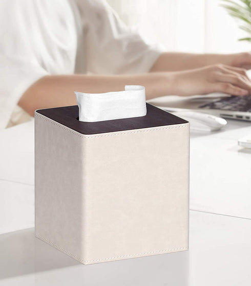 Tissue Box Cover Stylish PU Leather Square Tissue Box Holder with Magnetic Bottom for Bathroom Bedroom or Office (Beige/Brown)