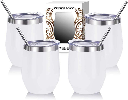 Zonegrace 4 Sets 12 oz Stainless Steel Stemless Wine Glass/Mug, Unbreakable Double Wall Vacuum Insulated thermal White Wine Tumbler with Lids for Wine, Coffee, Including 4 Straws