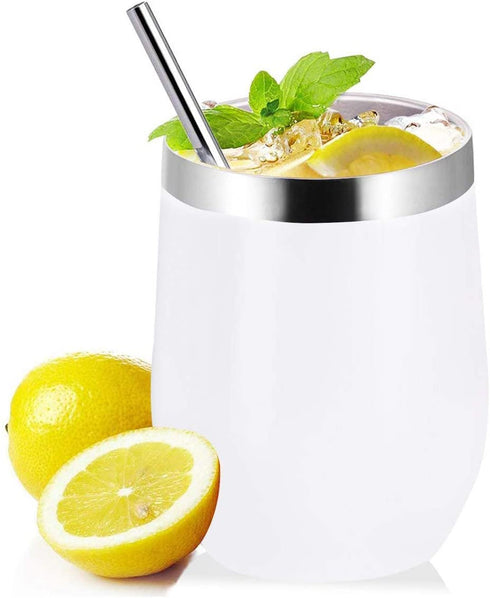 Zonegrace 4 Sets 12 oz Stainless Steel Stemless Wine Glass/Mug, Unbreakable Double Wall Vacuum Insulated thermal White Wine Tumbler with Lids for Wine, Coffee, Including 4 Straws