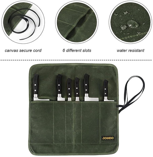 JOINDO Heavy Duty Waxed Canvas Knife Bag, Professional Chef Knife Roll Bags with 6 Slots, Knives Pouch